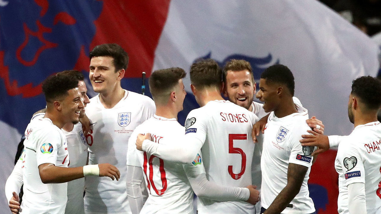 England's Harry Kane (third right) celebrates scoring his sides third goal of the game with teammates England v Montenegro - UEFA Euro 2020 Qualifying - Group A - Wembley Stadium 14-11-2019 .