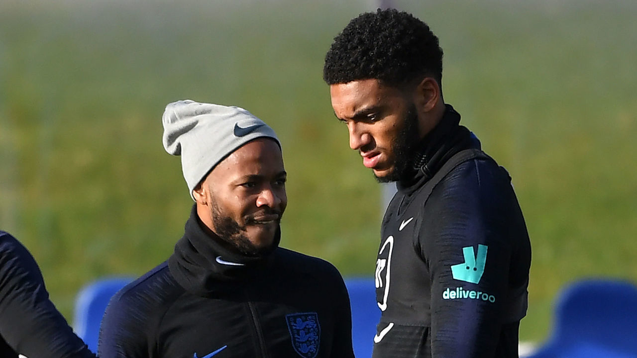 BURTON-UPON-TRENT, ENGLAND - NOVEMBER 13: Joe Gomez and Raheem Sterling attend a training session during and England Media Access Day at St Georges Park on November 13, 2019 in Burton-upon-Trent, England.