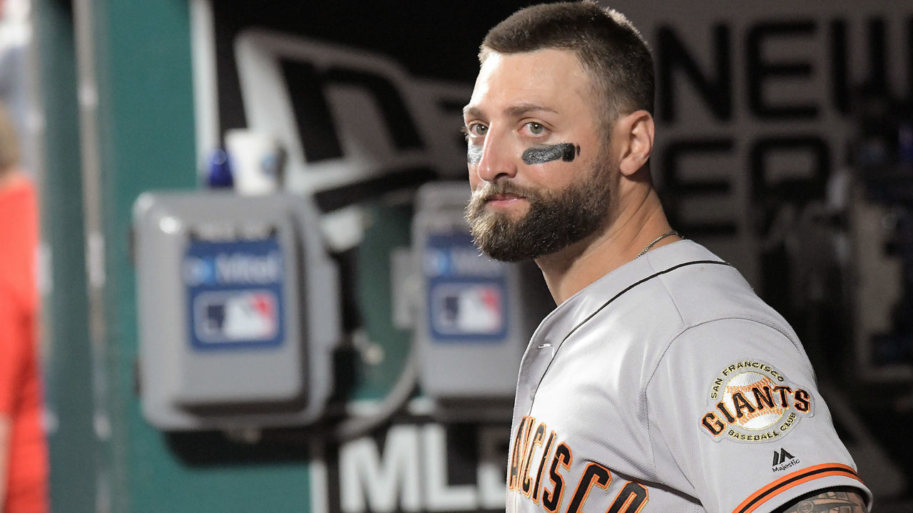 ST. LOUIS, MO. - SEPTEMBER 04: San Francisco Giants center fielder Kevin Pillar (1) in the dugout after hitting the game-winning two-run home run in the eighth inning during a Major League Baseball game between the San Francisco Giants and the St. Louis Cardinals on September 04, 2019, at Busch Stadium, Kansas City, MO.