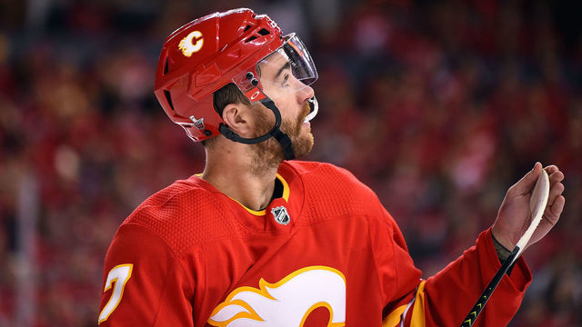 CALGARY, AB - APRIL 19: Calgary Flames Defenceman T.J. Brodie (7) looks on between whistles during the first period of Game Five of the Western Conference First Round during the 2019 Stanley Cup Playoffs where the Calgary Flames hosted the Colorado Avalanche on April 19, 2019, at the Scotiabank Saddledome in Calgary, AB.