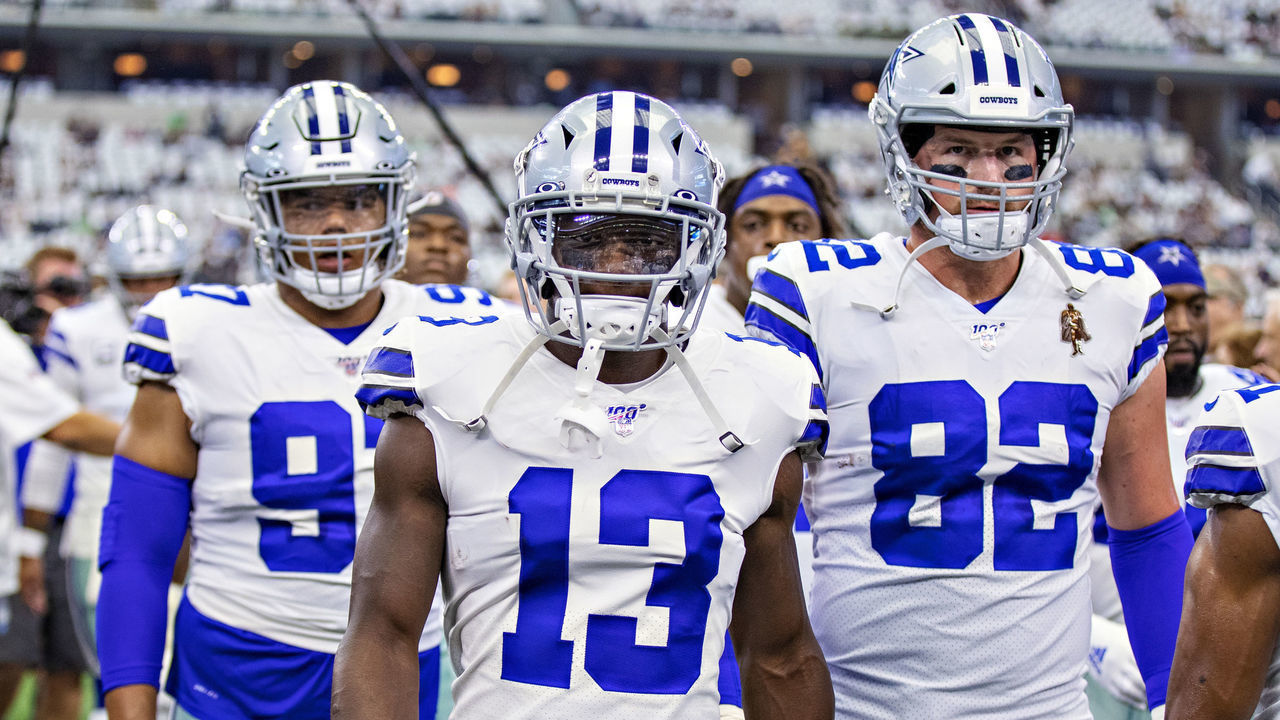 ARLINGTON, TX - OCTOBER 6: Michael Gallup #13 of the Dallas Cowboys leads teammates into the locker room before a game against the Green Bay Packers at AT&T Stadium on October 6, 2019 in Arlington, Texas. The Packers defeated the Cowboys 34-24.