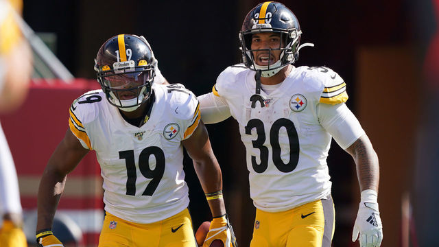 SANTA CLARA, CALIFORNIA - SEPTEMBER 22: JuJu Smith-Schuster #19 and James Conner #30 of the Pittsburgh Steelers celebrates after Smith-Schuster caught a pass and broke away for a 76 yard touchdown play against the San Francisco 49ers during the third quarter of an NFL football game at Levi's Stadium on September 22, 2019 in Santa Clara, California.