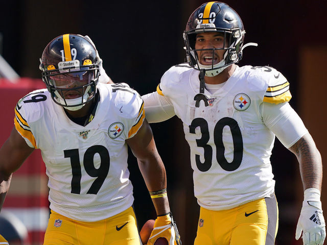 SANTA CLARA, CALIFORNIA - SEPTEMBER 22: JuJu Smith-Schuster #19 and James Conner #30 of the Pittsburgh Steelers celebrates after Smith-Schuster caught a pass and broke away for a 76 yard touchdown play against the San Francisco 49ers during the third quarter of an NFL football game at Levi's Stadium on September 22, 2019 in Santa Clara, California.