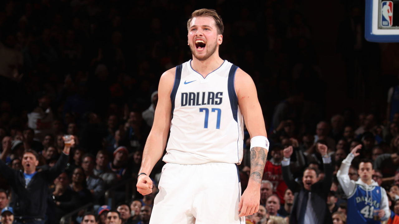 NEW YORK, NY - NOVEMBER 14: Luka Doncic #77 of the Dallas Mavericks celebrates during a game against the New York Knicks on November 14, 2019 at Madison Square Garden in New York City, New York. Mandatory Copyright Notice: Copyright 2019 NBAE