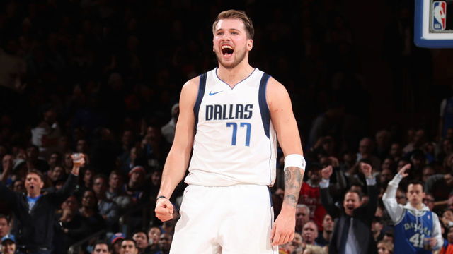 NEW YORK, NY - NOVEMBER 14: Luka Doncic #77 of the Dallas Mavericks celebrates during a game against the New York Knicks on November 14, 2019 at Madison Square Garden in New York City, New York. Mandatory Copyright Notice: Copyright 2019 NBAE