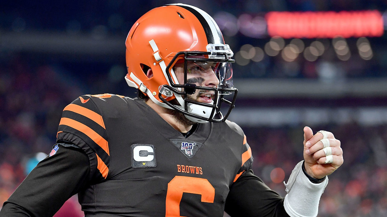 CLEVELAND, OHIO - NOVEMBER 14: Quarterback Baker Mayfield #6 of the Cleveland Browns celebrates a pass to Jarvis Landry #80 of the Cleveland Browns for a touchdown in the second quarter of the game against the Pittsburgh Steelers at FirstEnergy Stadium on November 14, 2019 in Cleveland, Ohio.