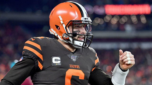 CLEVELAND, OHIO - NOVEMBER 14: Quarterback Baker Mayfield #6 of the Cleveland Browns celebrates a pass to Jarvis Landry #80 of the Cleveland Browns for a touchdown in the second quarter of the game against the Pittsburgh Steelers at FirstEnergy Stadium on November 14, 2019 in Cleveland, Ohio.