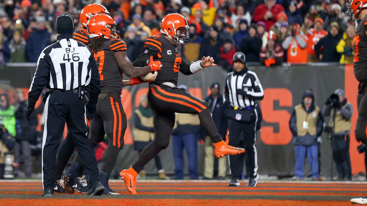 CLEVELAND, OH - NOVEMBER 14: Cleveland Browns quarterback Baker Mayfield (6) celebrates in the end zone after scoring on a 1-yard touchdown run during the first quarter of the National Football League game between the Pittsburgh Steelers and Cleveland Browns on November 14, 2019, at FirstEnergy Stadium in Cleveland, OH.