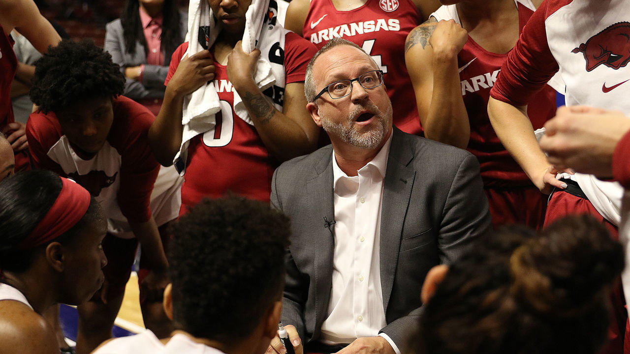 GREENVILLE, SC - MARCH 10: Mike Neighbors head coach of Arkansas during the SEC Women's basketball tournament finals between the Arkansas Razorbacks and the Mississippi State Bulldogs on Sunday March 10, 2019, at the Bon Secours Wellness Arena in Greenville, SC.