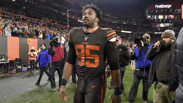 CLEVELAND, OHIO - NOVEMBER 14: Defensive end Myles Garrett #95 of the Cleveland Browns walks off the field after being ejected from the game during the second half at FirstEnergy Stadium on November 14, 2019 in Cleveland, Ohio. The Browns defeated the Steelers 21-7.