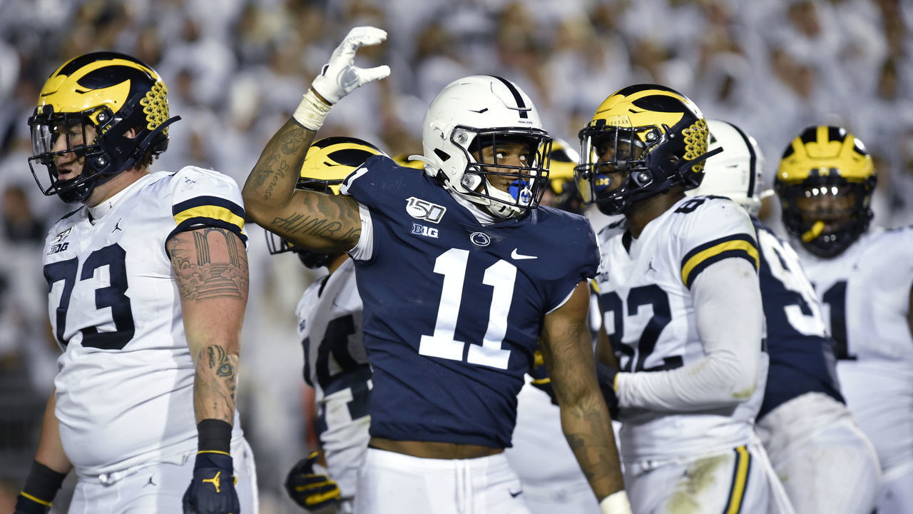 UNIVERSITY PARK, PA - OCTOBER 19: Penn State LB Micah Parsons (11) celebrates after a defensive stop during the Michigan Wolverines vs. the Penn State Nittany Lions on October 19, 2019 at Beaver Stadium in University Park, PA.