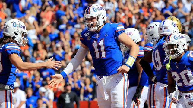GAINESVILLE, FLORIDA - NOVEMBER 09: Kyle Trask #11 of the Florida Gators celebrates a touchdown during the game against the Vanderbilt Commodores at Ben Hill Griffin Stadium on November 09, 2019 in Gainesville, Florida.