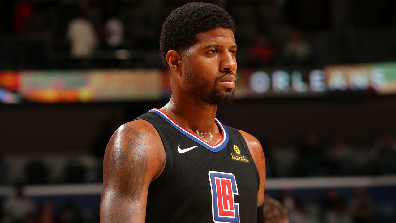NEW ORLEANS, LA - NOVEMBER 14: Paul George #13 of the LA Clippers looks on during the game against the New Orleans Pelicans on November 14, 2019 at the Smoothie King Center in New Orleans, Louisiana. Mandatory Copyright Notice: Copyright 2019 NBAE