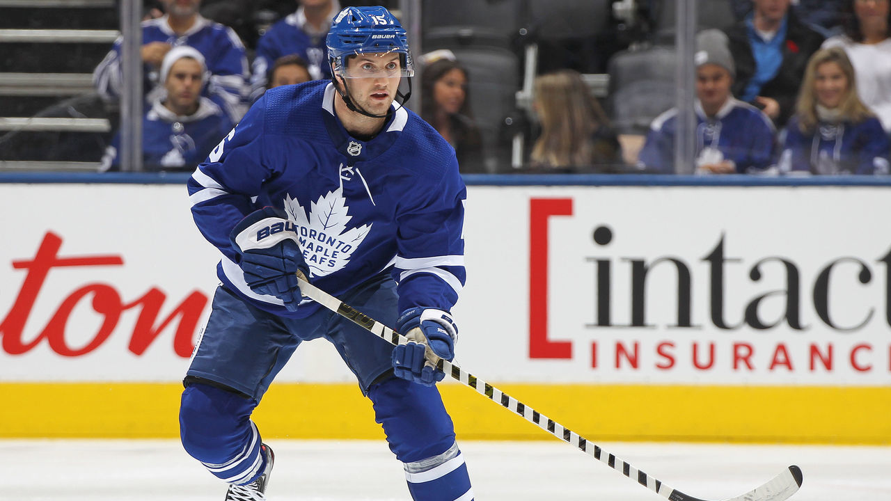 TORONTO, ON - NOVEMBER 7: Alexander Kerfoot #15 of the Toronto Maple Leafs skates against the Vegas Golden Knights during an NHL game at Scotiabank Arena on November 7, 2019 in Toronto, Ontario, Canada. The Maple Leafs defeated the Golden Knights 2-1 in overtime.