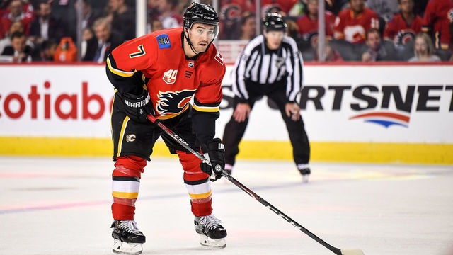 CALGARY, AB - NOVEMBER 07: Calgary Flames Defenceman T.J. Brodie (7) skates during the first period of an NHL game where the Calgary Flames hosted the New Jersey Devils on November 7, 2019, at the Scotiabank Saddledome in Calgary, AB.