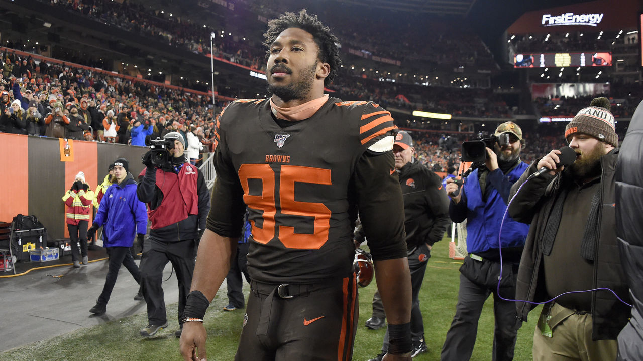 CLEVELAND, OHIO - NOVEMBER 14: Defensive end Myles Garrett #95 of the Cleveland Browns walks off the field after being ejected from the game during the second half at FirstEnergy Stadium on November 14, 2019 in Cleveland, Ohio. The Browns defeated the Steelers 21-7.