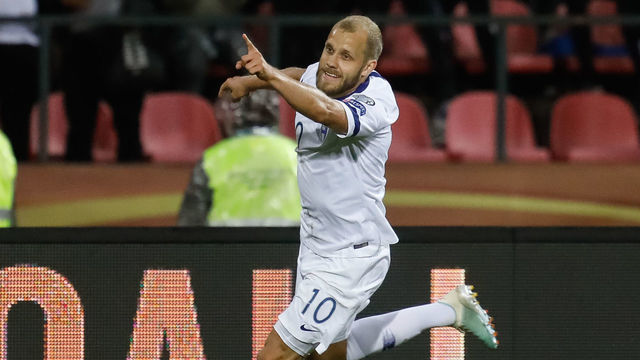 Teemu Pukki of Finland celebrates his goal during UEFA Euro 2020 qualifying match between Finland and Italy on September 8, 2019 at Ratina Stadium in Tampere, Finland.