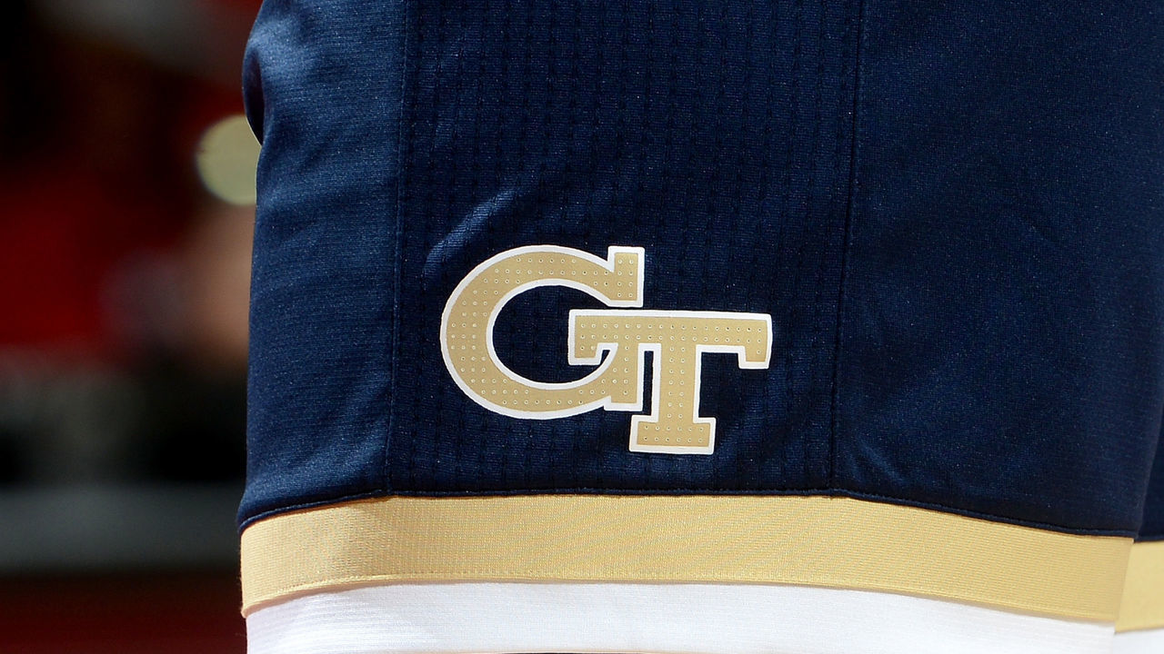 COLLEGE PARK, MD - NOVEMBER 29: The Georgia Tech Yellow Jackets logo on their uniform during the game against the Maryland Terrapins at Xfinity Center on November 29, 2018 in College Park, Maryland.