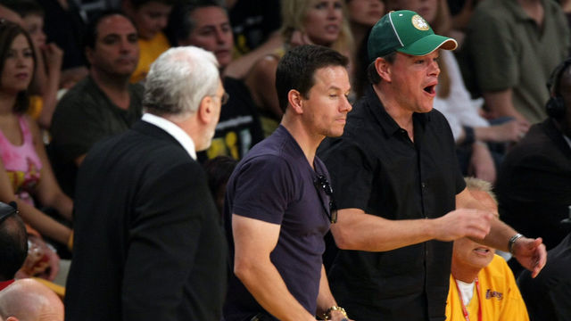 LOS ANGELES, CA - JUNE 15: Actors Mark Wahlberg and Matt Damon attend Game Five of the 2008 NBA Finals between the Boston Celtics and the Los Angeles Lakers on June 15, 2008 at Staples Center in Los Angeles, California. NOTE TO USER: User expressly acknowledges and agrees that, by downloading and/or using this Photograph, user is consenting to the terms and conditions of the Getty Images License Agreement.