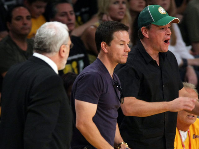 LOS ANGELES, CA - JUNE 15: Actors Mark Wahlberg and Matt Damon attend Game Five of the 2008 NBA Finals between the Boston Celtics and the Los Angeles Lakers on June 15, 2008 at Staples Center in Los Angeles, California. NOTE TO USER: User expressly acknowledges and agrees that, by downloading and/or using this Photograph, user is consenting to the terms and conditions of the Getty Images License Agreement.