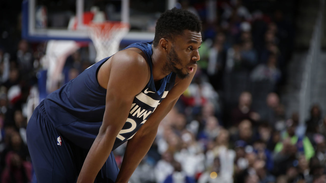DETROIT, MI - NOVEMBER 11: Andrew Wiggins #22 of the Minnesota Timberwolves looks on against the Detroit Pistons on November 11, 2019 at Little Caesars Arena in Detroit, Michigan. NOTE TO USER: User expressly acknowledges and agrees that, by downloading and/or using this photograph, User is consenting to the terms and conditions of the Getty Images License Agreement. Mandatory Copyright Notice: Copyright 2019 NBAE