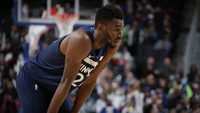 DETROIT, MI - NOVEMBER 11: Andrew Wiggins #22 of the Minnesota Timberwolves looks on against the Detroit Pistons on November 11, 2019 at Little Caesars Arena in Detroit, Michigan. NOTE TO USER: User expressly acknowledges and agrees that, by downloading and/or using this photograph, User is consenting to the terms and conditions of the Getty Images License Agreement. Mandatory Copyright Notice: Copyright 2019 NBAE