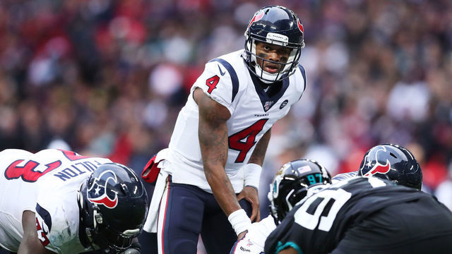 LONDON, ENGLAND - NOVEMBER 03: Deshaun Watson #4 of the Houston Texans looks on during the NFL match between the Houston Texans and Jacksonville Jaguars at Wembley Stadium on November 03, 2019 in London, England.