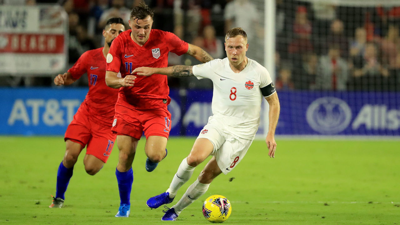 ORLANDO, FLORIDA - NOVEMBER 15: Scott Arfield #8 of Canada controls the ball during the CONCACAF Nations League match against the United States at Exploria Stadium on November 15, 2019 in Orlando, Florida.
