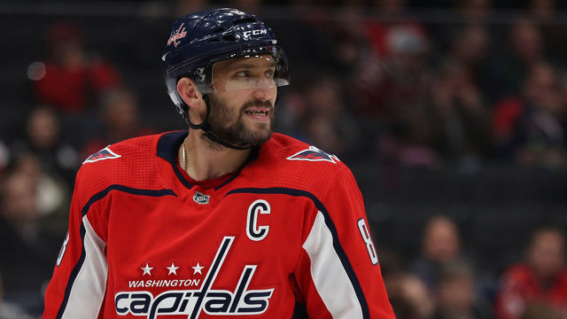 WASHINGTON, DC - NOVEMBER 15: Alex Ovechkin #8 of the Washington Capitals looks on against the Montreal Canadiens during the first period at Capital One Arena on November 15, 2019 in Washington, DC.