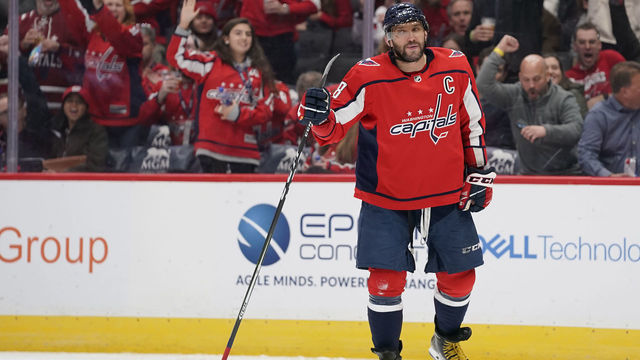 WASHINGTON, DC - NOVEMBER 15: Alex Ovechkin #8 of the Washington Capitals celebrates after scoring a goal in the third period against the Montreal Canadiens at Capital One Arena on November 15, 2019 in Washington, DC.