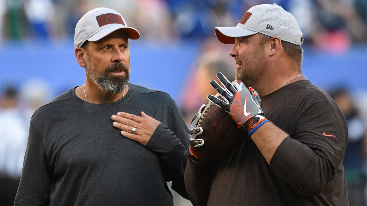 EAST RUTHERFORD, NJ - AUGUST 9, 2018: Offensive coordinator Todd Haley and running backs coach Freddie Kitchens of the Cleveland Browns talk on the field prior to a preseason game against the New York Giants at MetLife Stadium in East Rutherford, New Jersey. Cleveland won 20-10. (Photo by: 2018 Nick Cammett/Diamond Images/Getty Images)