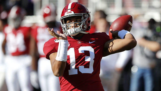 TUSCALOOSA, ALABAMA - NOVEMBER 09: Tua Tagovailoa #13 of the Alabama Crimson Tide warms up before the game against the LSU Tigers at Bryant-Denny Stadium on November 09, 2019 in Tuscaloosa, Alabama.