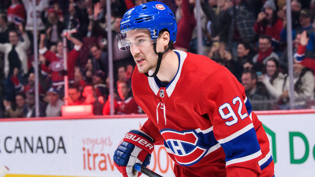 MONTREAL, QC - NOVEMBER 12: Jonathan Drouin (92) of the Montreal Canadiens score the winning goal in shoot out during the third period of the NHL game between the Columbus Blue Jackets and the Montreal Canadiens on November 12, 2019, at the Bell Centre in Montreal, QC Photo by Vincent Ethier/Icon Sportswire via Getty Images)