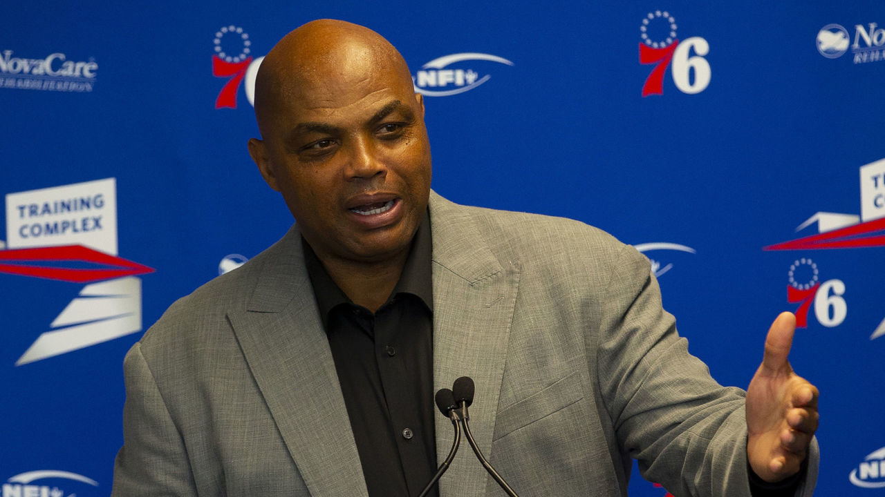 CAMDEN, NJ - SEPTEMBER 13: Charles Barkley speaks at the podium prior to his sculpture being unveiled at the Philadelphia 76ers training facility on September 13, 2019 in Camden, New Jersey.