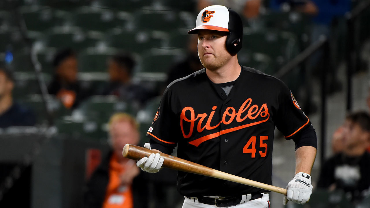 BALTIMORE, MD - SEPTEMBER 06: Mark Trumbo #45 of the Baltimore Orioles at bat during the game against the Texas Rangers at Oriole Park at Camden Yards on September 6, 2019 in Baltimore, Maryland.