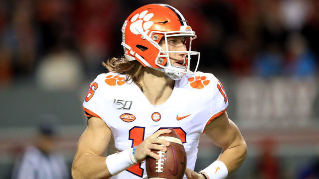 RALEIGH, NORTH CAROLINA - NOVEMBER 09: Trevor Lawrence #16 of the Clemson Tigers drops back to pass against the North Carolina State Wolfpack during their game at Carter-Finley Stadium on November 09, 2019 in Raleigh, North Carolina.