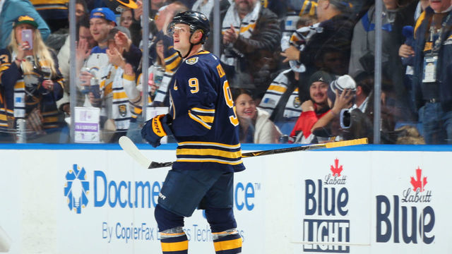 BUFFALO, NY - NOVEMBER 16: Jack Eichel #9 of the Buffalo Sabres celebrates his third goal against the Ottawa Senators during an NHL game on November 16, 2019 at KeyBank Center in Buffalo, New York.
