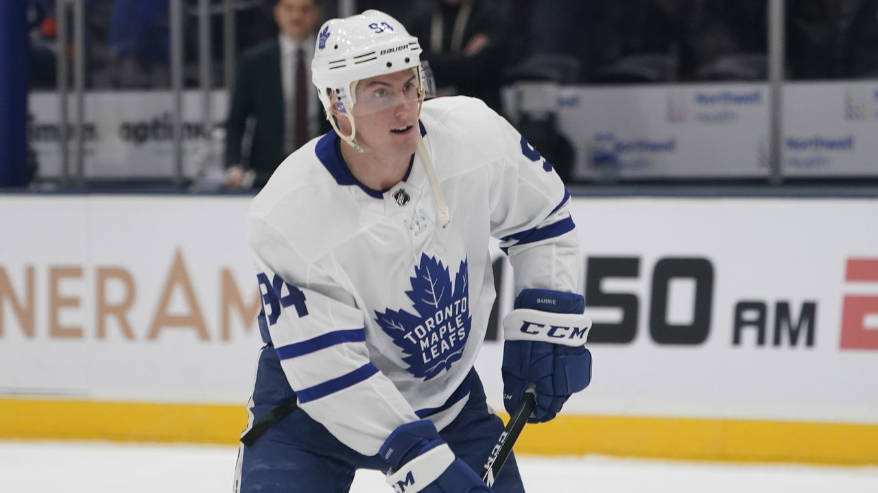 UNIONDALE, NY - NOVEMBER 13: Toronto Maple Leafs Defenceman Tyson Barrie (94) prior to the National Hockey League game between the Toronto Maple Leafs and the New York Islanders on November 13, 2019, at the Nassau Veterans Memorial Coliseum in Uniondale, NY.