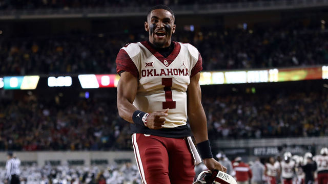 WACO, TEXAS - NOVEMBER 16: Jalen Hurts #1 of the Oklahoma Sooners reacts on the field before a game against the Baylor Bears at McLane Stadium on November 16, 2019 in Waco, Texas.