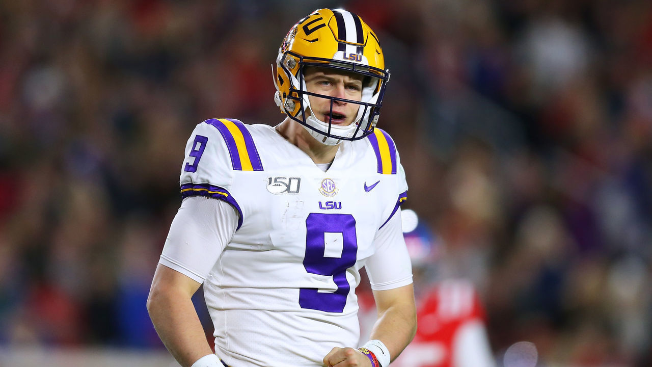 OXFORD, MISSISSIPPI - NOVEMBER 16: Joe Burrow #9 of the LSU Tigers reacts during the first half of a game against the Mississippi Rebels at Vaught-Hemingway Stadium on November 16, 2019 in Oxford, Mississippi.