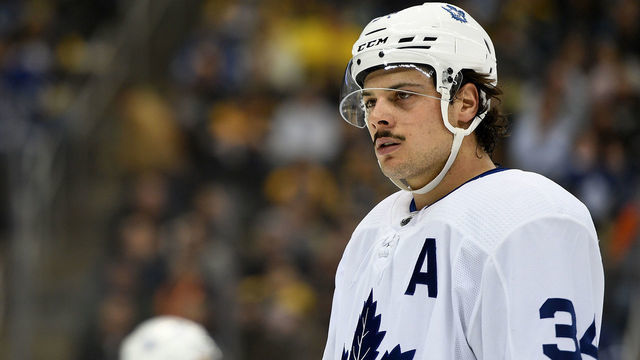 PITTSBURGH, PA - NOVEMBER 16: Auston Matthews #34 of the Toronto Maple Leafs looks on in the first period during the game against the Pittsburgh Penguins at PPG Paints Arena on November 16, 2019 in Pittsburgh, Pennsylvania.