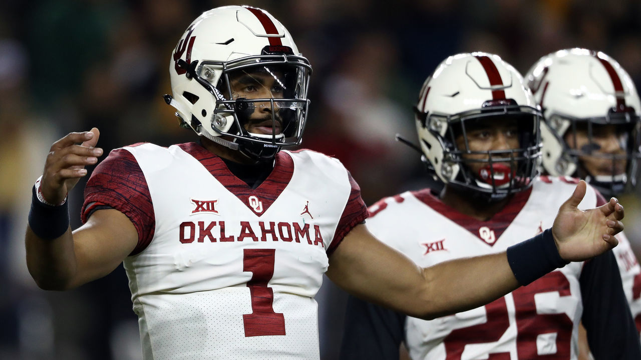 WACO, TEXAS - NOVEMBER 16: Jalen Hurts #1 of the Oklahoma Sooners reacts against the Baylor Bears in the first half at McLane Stadium on November 16, 2019 in Waco, Texas.