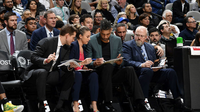 SAN ANTONIO, TX - NOVEMBER 16: The San Antonio Spurs coaching staff looks over plays during the game against the Portland Trail Blazers on November 16, 2019 at the AT&T Center in San Antonio, Texas. Mandatory Copyright Notice: Copyright 2019 NBAE (Photos by Logan Riely/NBAE via Getty Images)