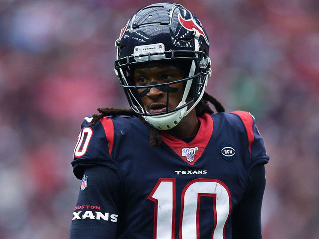 HOUSTON, TEXAS - OCTOBER 06: DeAndre Hopkins #10 of the Houston Texans lines up in the fourth quarter against the Atlanta Falcons at NRG Stadium on October 06, 2019 in Houston, Texas.