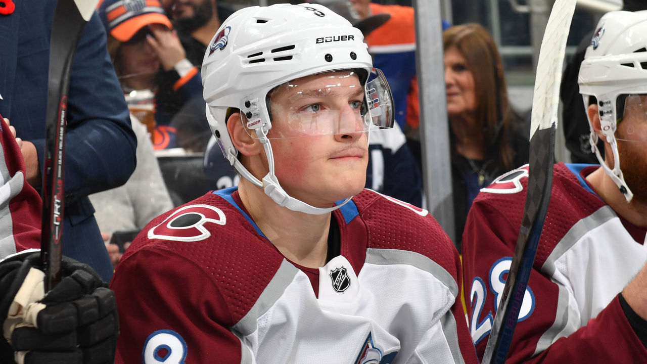 EDMONTON, AB - NOVEMBER 14: Cale Makar #8 of the Colorado Avalanche sits on the bench prior to the game against the Edmonton Oilers on November 14, 2019, at Rogers Place in Edmonton, Alberta, Canada.