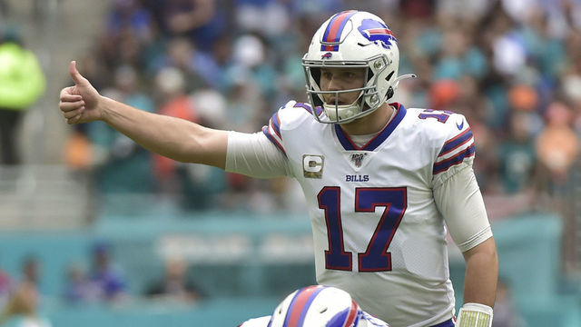 MIAMI, FL - NOVEMBER 17: Josh Allen #17 of the Buffalo Bills signals to the offense during the first quarter against the Miami Dolphins at Hard Rock Stadium on November 17, 2019 in Miami, Florida.