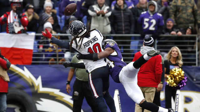 BALTIMORE, MARYLAND - NOVEMBER 17: Marlon Humphrey #44 of the Baltimore Ravens breaks up a pass intended for DeAndre Hopkins #10 of the Houston Texans during the first half in the game at M&T Bank Stadium on November 17, 2019 in Baltimore, Maryland.
