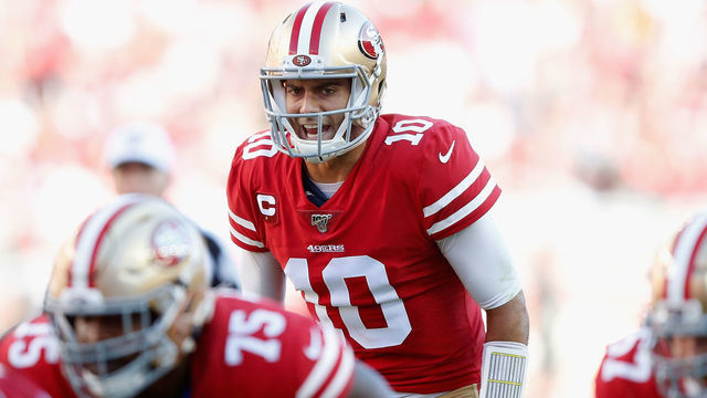 SANTA CLARA, CALIFORNIA - NOVEMBER 17: Quarterback Jimmy Garoppolo #10 of the San Francisco 49ers prepares to snap the football against the Arizona Cardinals during the first half of the NFL game at Levi's Stadium on November 17, 2019 in Santa Clara, California.