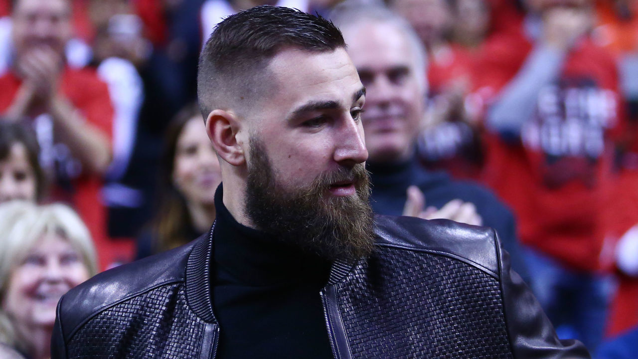 TORONTO, ON - APRIL 13: Former Raptor Jonas Valanciunas of the Memphis Grizzlies arrives for Game One of the first round of the 2019 NBA playoffs between the Orlando Magic and the Toronto Raptors at Scotiabank Arena on April 13, 2019 in Toronto, Canada.