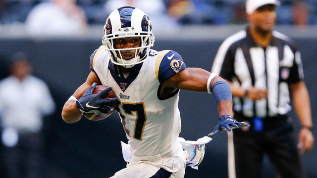 ATLANTA, GA - OCTOBER 20: Los Angeles Rams wide receiver Robert Woods (17) catches the ball for a gain during an NFL football game between the Los Angeles Rams and the Atlanta Falcons on October 20, 2019, at the Mercedes-Benz Stadium in Atlanta, GA.